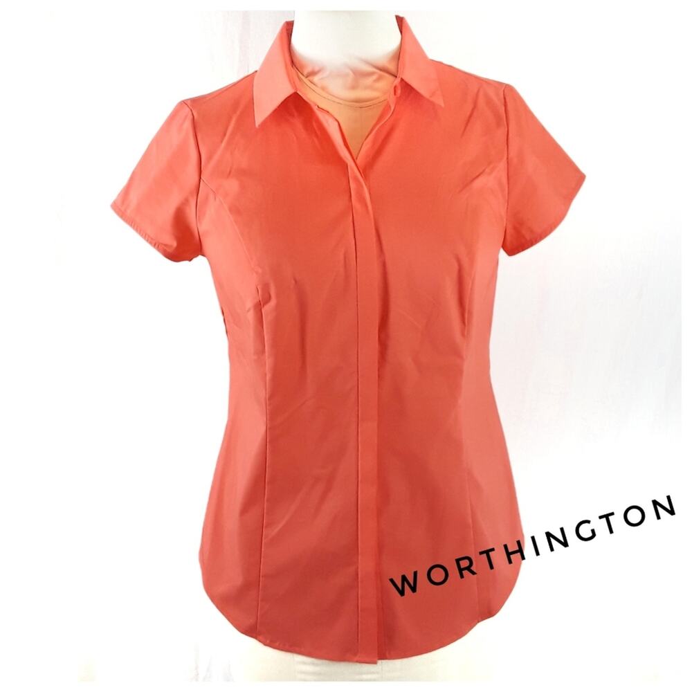 WORTHINGTON Bright Coral Stretch Shirt Sz S Colorful Orange Short Sleeve Blouse